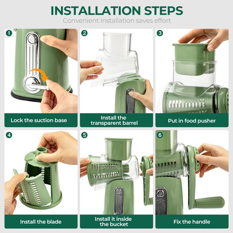 SUSTEAS Rotary Cheese Grater with Handle, 5 Well-Designed Blades, Strong Suction Cup Base, Kitchen Utensils