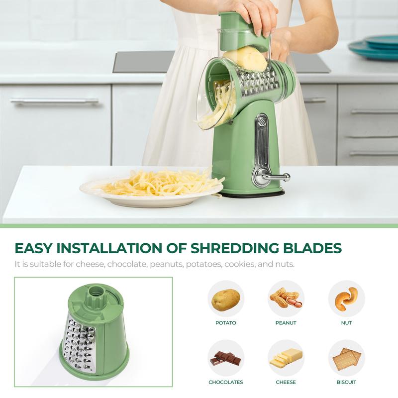 SUSTEAS Rotary Cheese Grater with Handle, 5 Well-Designed Blades, Strong Suction Cup Base, Kitchen Utensils