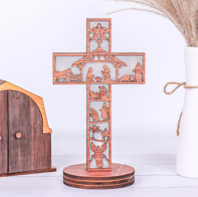 3D Wooden Nativity Scene Book Display With Light