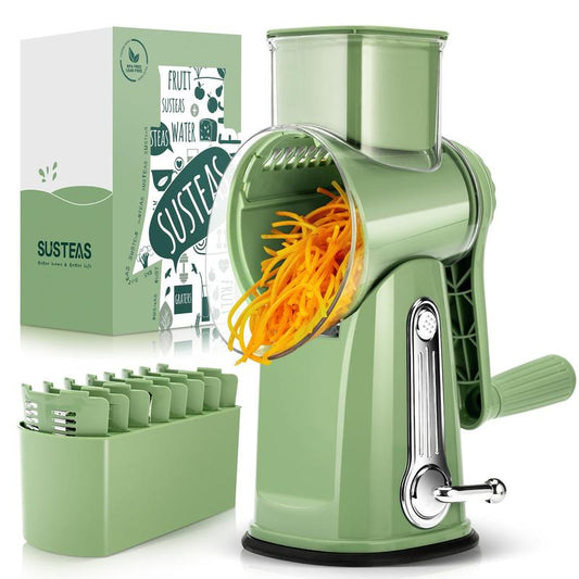 SUSTEAS Rotary Cheese Grater with Handle, 5 Well-Designed Blades, Strong Suction Cup Base, Kitchen Utensils