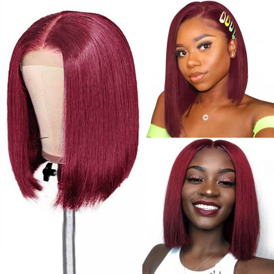 Wine Red Brazilian Straight Hai Bob Wigs Lady Wig
