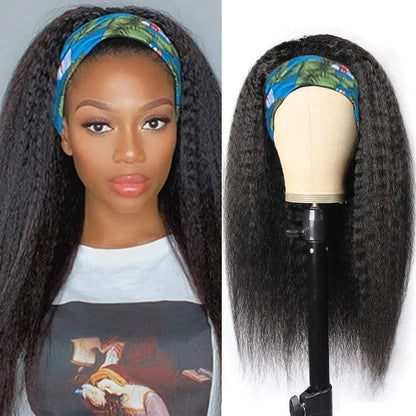 Black Kinky Straight Long Hair Headband Glue Less Wig