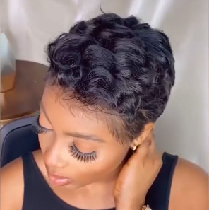 Natural Black Short Wavy Curly Pixed Cut Wig