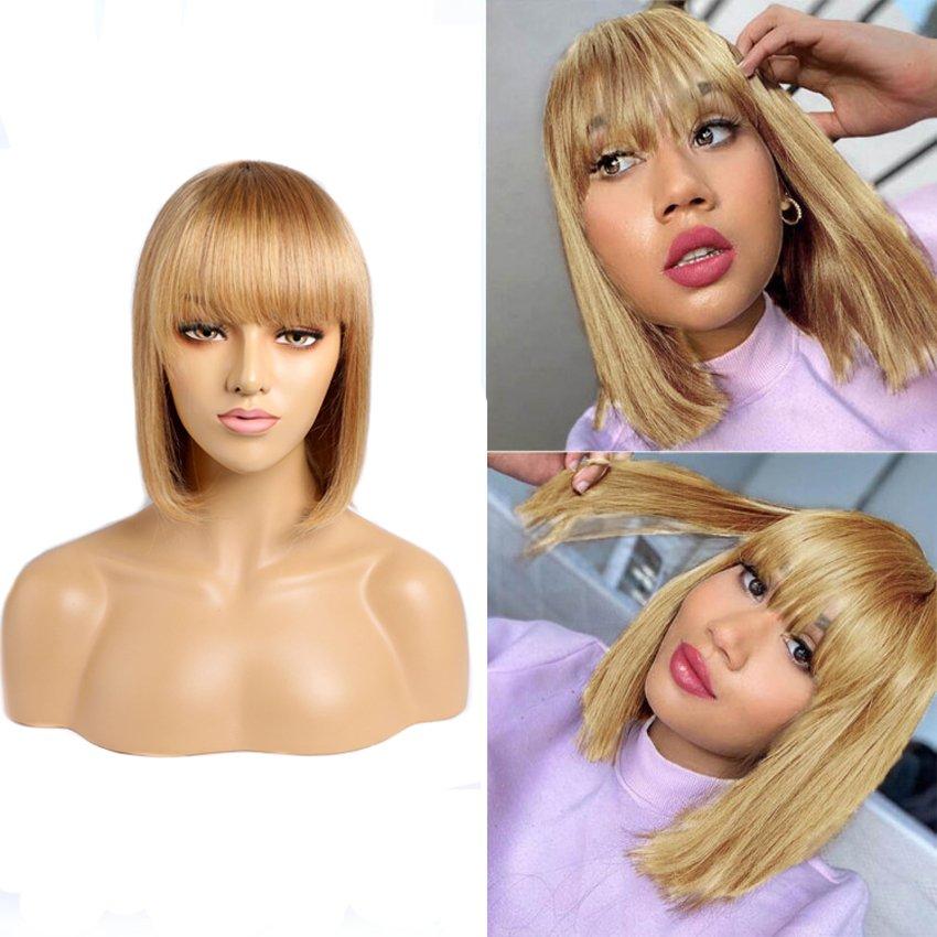 Black Brazilian Straight Hair Short BOB Wigs Lady Wig With Bangs