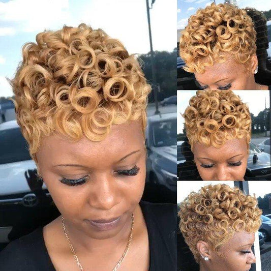 Blonde Short Wavy Curly Heat-Friendly Pixed Cut Wig