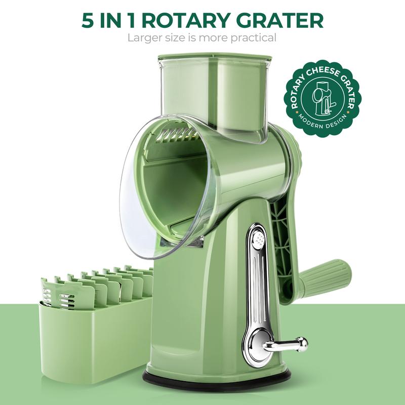 SUSTEAS Rotary Cheese Grater with Handle, 5 Well-Designed Blades, Strong Suction Cup Base, Kitchen Utensils