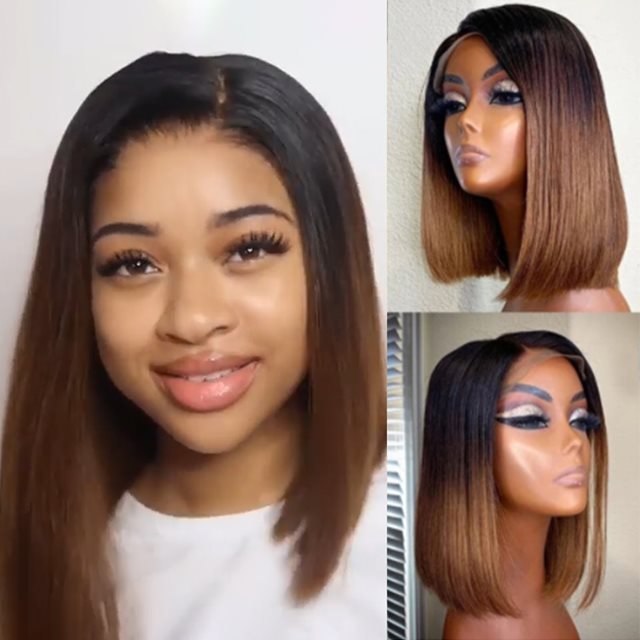 Black Gradient Light Brown Brazilian Straight Hair BOB Wigs Lady Wig