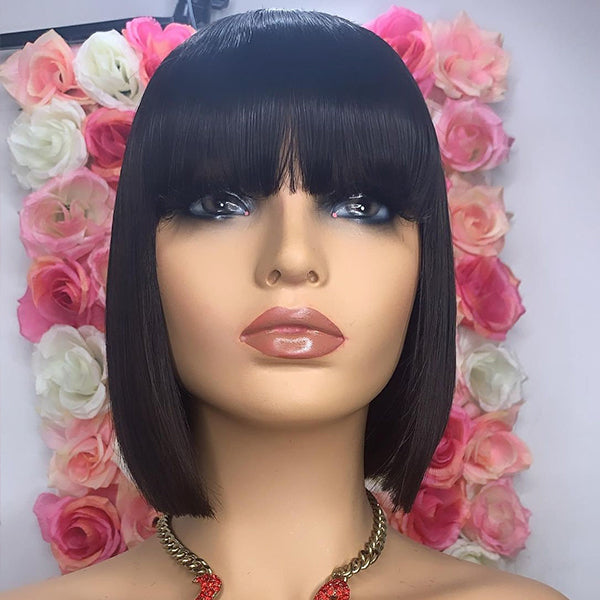 Black Brazilian Straight Hair Short BOB Wigs Lady Wig With Bangs