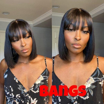 Black Brazilian Straight Hair Short BOB Wigs Lady Wig With Bangs
