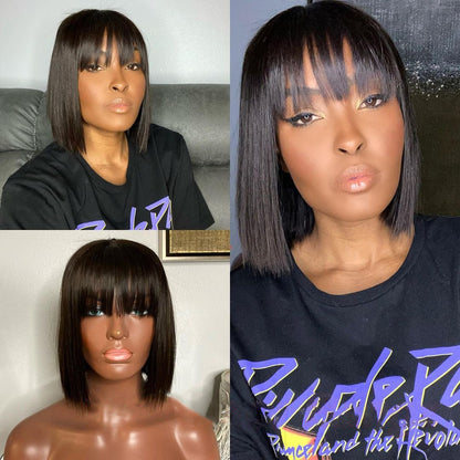 Black Brazilian Straight Hair Short BOB Wigs Lady Wig With Bangs