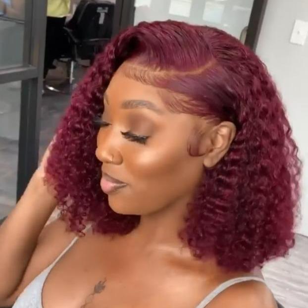 Wine Red Short Bob Hair Curly Wig