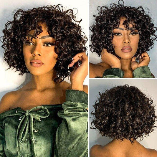 Black Brazilian Remy Curly Hair Bob Wig With Bangs Glueless Wig