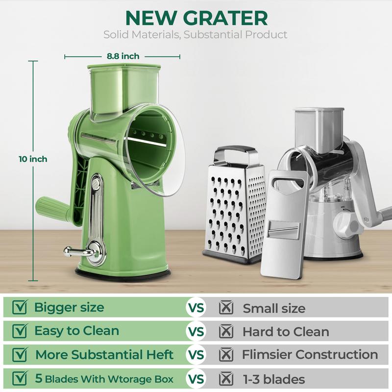 SUSTEAS Rotary Cheese Grater with Handle, 5 Well-Designed Blades, Strong Suction Cup Base, Kitchen Utensils