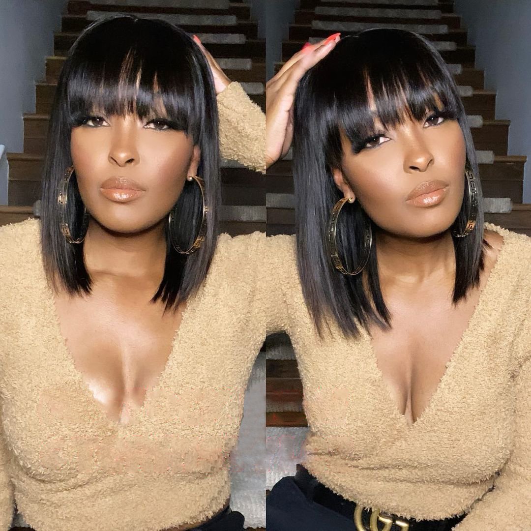 Black Brazilian Straight Hair Short BOB Wigs Lady Wig With Bangs