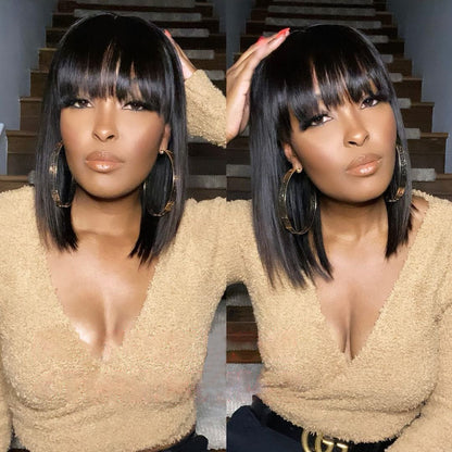 Black Brazilian Straight Hair Short BOB Wigs Lady Wig With Bangs