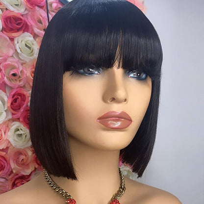 Black Brazilian Straight Hair Short BOB Wigs Lady Wig With Bangs