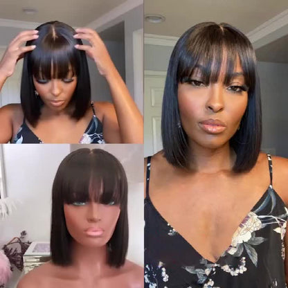 Black Brazilian Straight Hair Short BOB Wigs Lady Wig With Bangs
