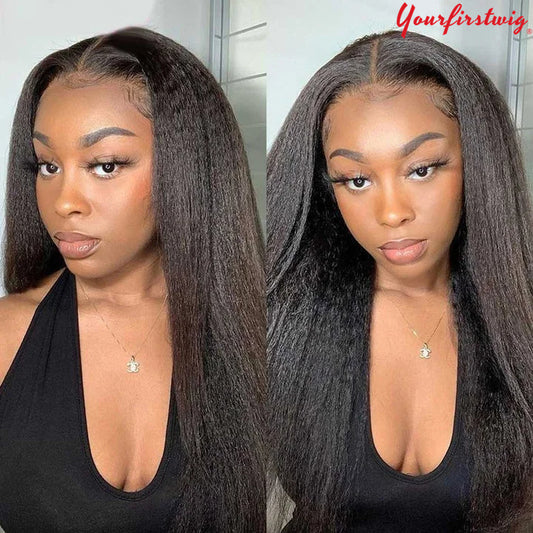 Kinky straight 200% density glueless brazilian black wigs with baby hair