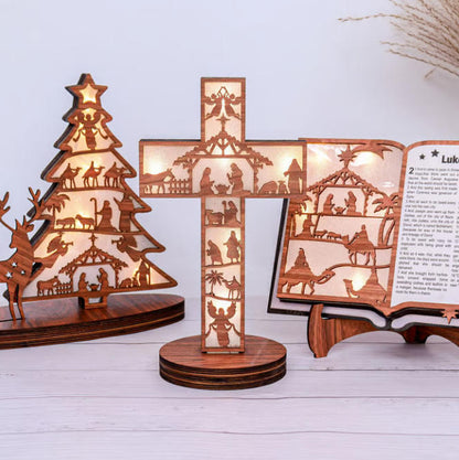 3D Wooden Nativity Scene Book Display With Light